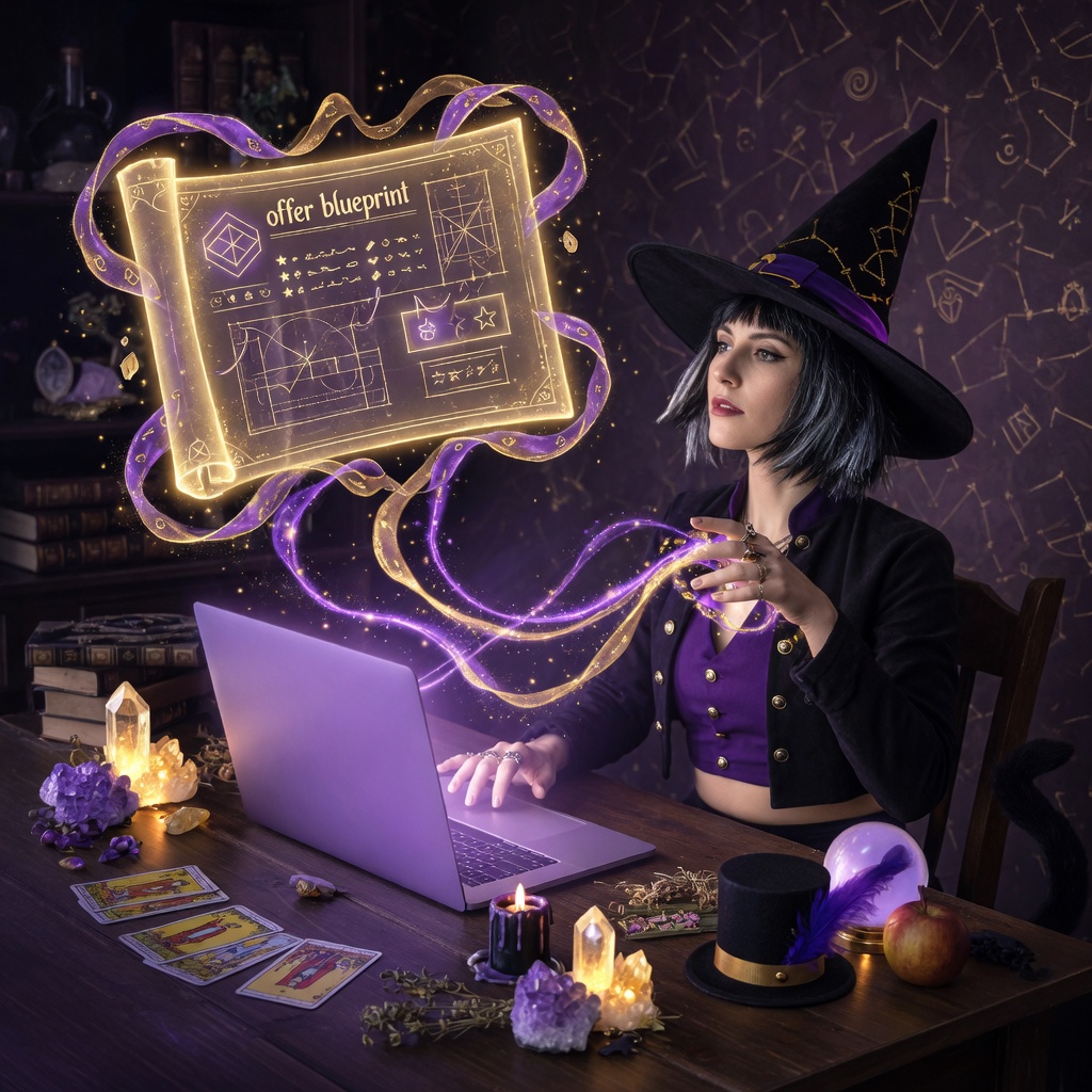 Witch reviewing an offer blueprint on a laptop